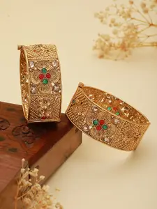 Saraf RS Jewellery Set Of 2 Gold-Plated Green Stone-Studded & Beaded Bangles