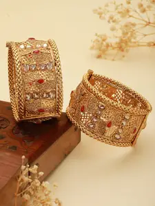 Saraf RS Jewellery Set of 2 Gold-Plated Red & Beige Stone Studded Handcrafted Bangle