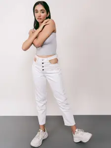 FREAKINS Women White High-Rise Tapered Fit Cropped Cut Out Jeans