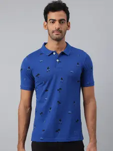 MR BUTTON Men Blue Printed Polo Collar Slim Fit T-shirt