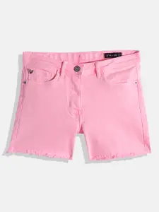 Allen Solly Junior Girls Pink Solid Regular Fit Mid-Rise Frayed Denim Shorts