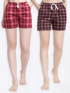 Kanvin Kanvin Women Red & Brown Pure Cotton Checked Lounge Shorts Pack Of 2