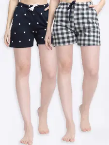 Kanvin Kanvin Women Navy Blue & Black Pure Cotton Checked Lounge Shorts Pack Of 2