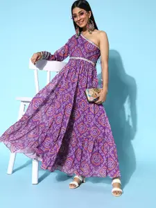 Inddus Women Pretty Purple Ethnic Motifs Ethereal Embroidery Dress