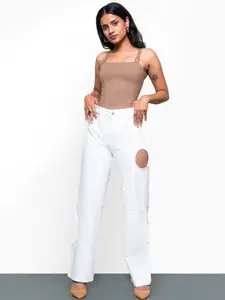 FREAKINS Women Beautiful White High-Rise Straight Pure Cotton Cropped Jeans