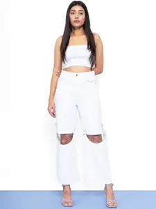 FREAKINS Women White High-Rise Straight Fit Cropped Jeans