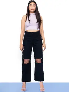 FREAKINS Women Black High-Rise Straight Fit Cropped Jeans