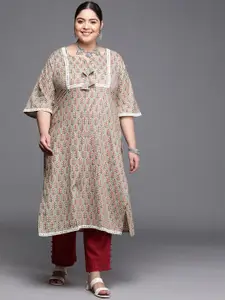 EXTRA LOVE BY LIBAS Women Plus Size Green & Pink Pure Cotton Floral Printed Kurta