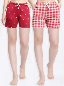 Kanvin Women Red & White Checked Pure Cotton Lounge Shorts Pack Of 2
