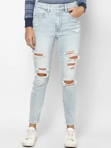 AMERICAN EAGLE OUTFITTERS Women Blue Slim Fit High-Rise Highly Distressed Heavy Fade Jeans