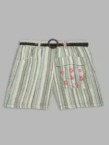 ELLE Girls Olive Green Striped Cotton Shorts