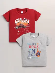 Nottie Planet Boys Red & Grey Pack of 2 Typography Printed Cotton T-shirt