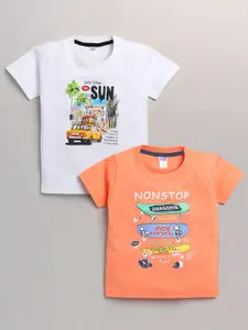 Nottie Planet Boys White & Orange Typography Pack Of 2 Printed T-shirts