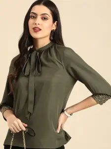 all about you Olive Green Tie-Up Neck Top
