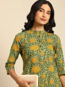 all about you Women Green & Yellow Floral Printed Pure Cotton  Kurta