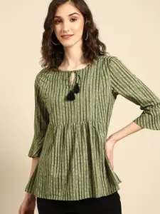 all about you Olive Green & Black Stripe printed bell Sleeves Pure Cotton Short Kurti