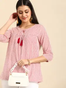 all about you White & Red Striped Pure Cotton Kurti with Tassel detail
