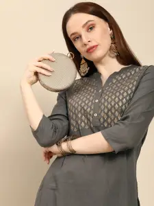 all about you Women Grey Ethnic Motifs Yoke Design Pure Cotton Kurta