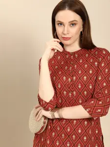 all about you Women Maroon Ethnic Motifs Printed Pure Cotton Kurta