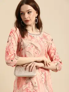 all about you Women Peach-Coloured & Red Printed Pure Cotton Kurta