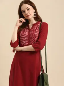 all about you Women Maroon Geometric Yoke Design Pure Cotton Kurta
