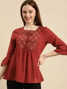 all about you Rust Red Floral Yoke Design Pure Cotton A-Line Short Kurti