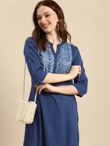 all about you Women Blue Geometric Yoke Design Pure Cotton Kurta