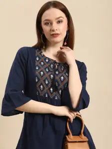 all about you Navy Blue Floral Yoke Design Pure Cotton Short Kurti