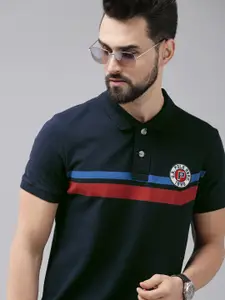 U.S. Polo Assn. Denim Co. Men Navy Blue & Red Printed Polo Collar Applique Pure Cotton T-shirt