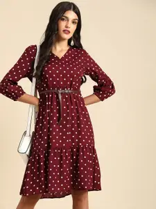 all about you Women Maroon & White A-Line Polka Dot Printed A-Line Dress With A Belt