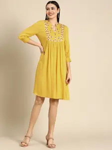 all about you Yellow Ethnic Motifs Embroidered A-Line Dress