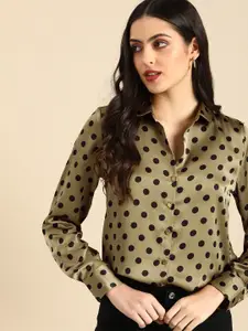 all about you Women Olive Green & Black Polka Dot Printed Casual Shirt