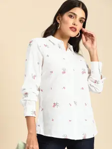 all about you Women White Floral Embroidered Casual Shirt