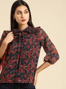 all about you Women Navy Blue & Red Floral Print Tie-Up Neck Top