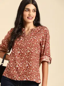 all about you Rust Floral Printed Roll-Up Sleeves Top