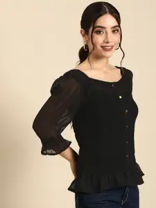 all about you Women Black Solid Smocking Peplum Top
