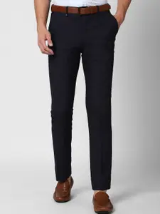 V Dot Men Navy Blue Textured Skinny Fit Formal Trousers