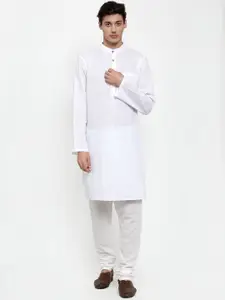 NEUDIS Men White Cotton Solid Long Kurta Pyjama Set For Men