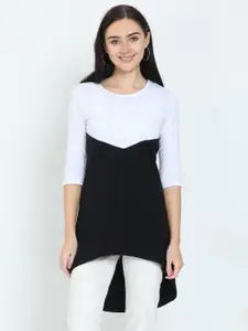 Fleximaa Black & White Colourblocked High-Low Pure Cotton Longline Top
