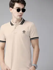 U.S. Polo Assn. U S Polo Assn Men Beige Solid Polo Collar Pure Cotton T-shirt