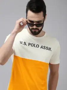 U.S. Polo Assn. U S Polo Assn Men White & Yellow Brand Logo Printed Pure Cotton T-shirt