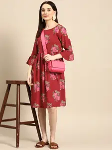 Sangria Maroon & Pink Floral A-Line Dress