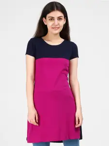 Fleximaa Navy Blue & Pink Colourblocked Longline Pure Cotton Top