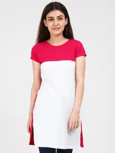 Fleximaa Women Pink & White Colourblocked Pure Cotton Longline Top