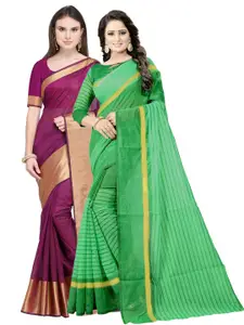 SAADHVI Maroon & Green Striped Silk Cotton Saree Pack Of 2