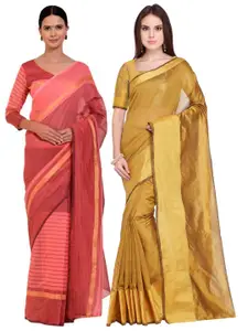 SAADHVI Set Of 2 Golden & Pink Zari Silk Cotton Saree