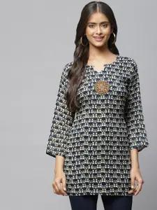 Aarika Navy Blue & Off White Floral Print Longline Pure Cotton Top