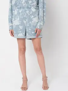 Vero Moda Women Blue & White Floral Printed Cotton Denim Shorts