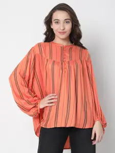 Vero Moda Orange Striped Mandarin Collar Pure Cotton High-Low Top