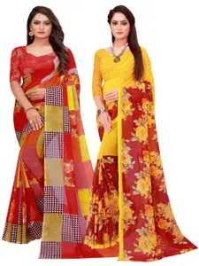 SAADHVI Pack of 2 Red & Yellow Floral Pure Georgette Saree
